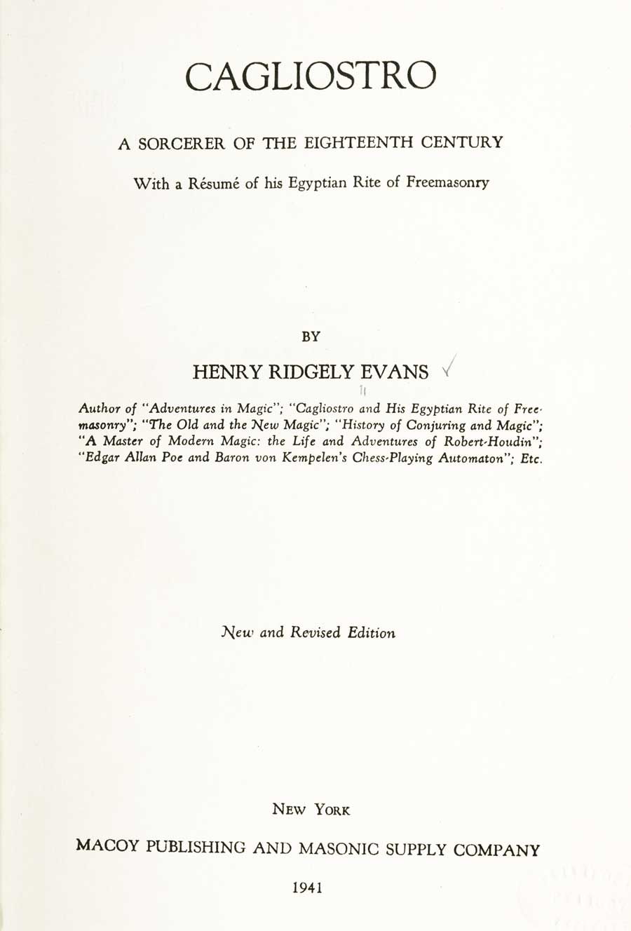 Title page from Henry Ridgeley Evans, Cagliostro